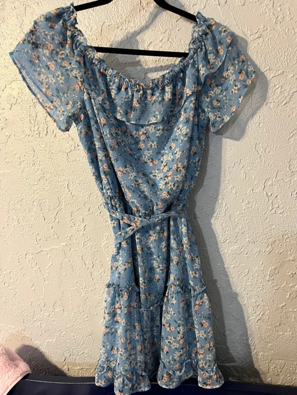 BeBop Boutique Light Blue Floral Spring Ruffle Tie-Waist Mini Dress - Picture 4 of 4